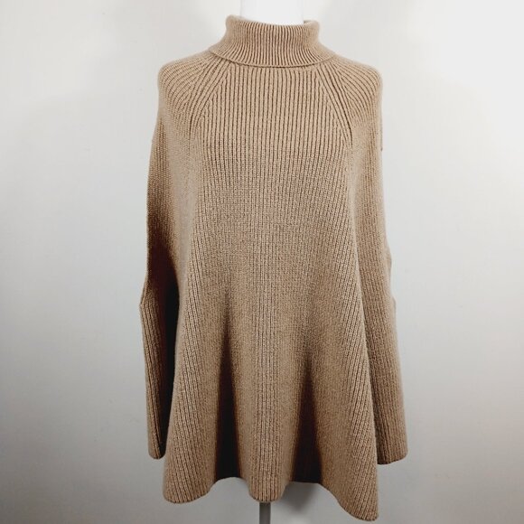 NWT Classic Tan Turtleneck Cape, Poncho Sweater W/ Armholes by PINCH, Size M/L - Picture 4 of 16